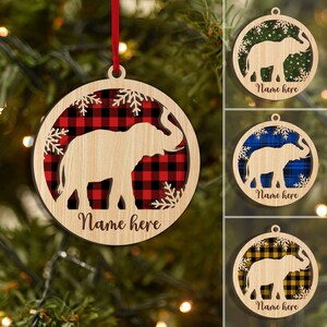 Personalized Elephant Layered Wood Ornament, Custom Elephant Christmas Tree Ornament, Safari Christmas Home Decor, Gift for Elephant Lover
