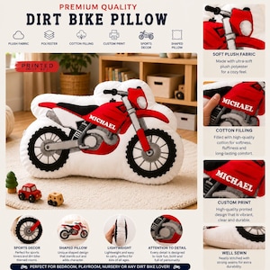Puede incluir: Una almohada blanca con forma de moto con un dise&ntilde;o de moto roja y gris. El nombre "MICHAEL" est&aacute; impreso en ella. El texto "PREMIUM QUALITY DIRT BIKE PILLOW" est&aacute; en la parte superior.