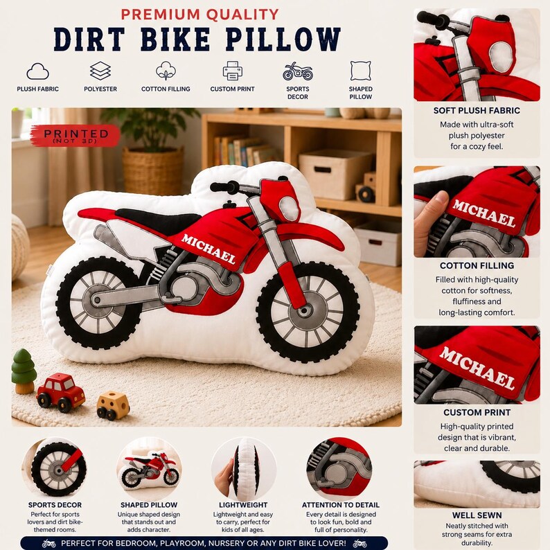 Puede incluir: Una almohada blanca con forma de moto con un dise&ntilde;o de moto roja y gris. El nombre "MICHAEL" est&aacute; impreso en ella. El texto "PREMIUM QUALITY DIRT BIKE PILLOW" est&aacute; en la parte superior.