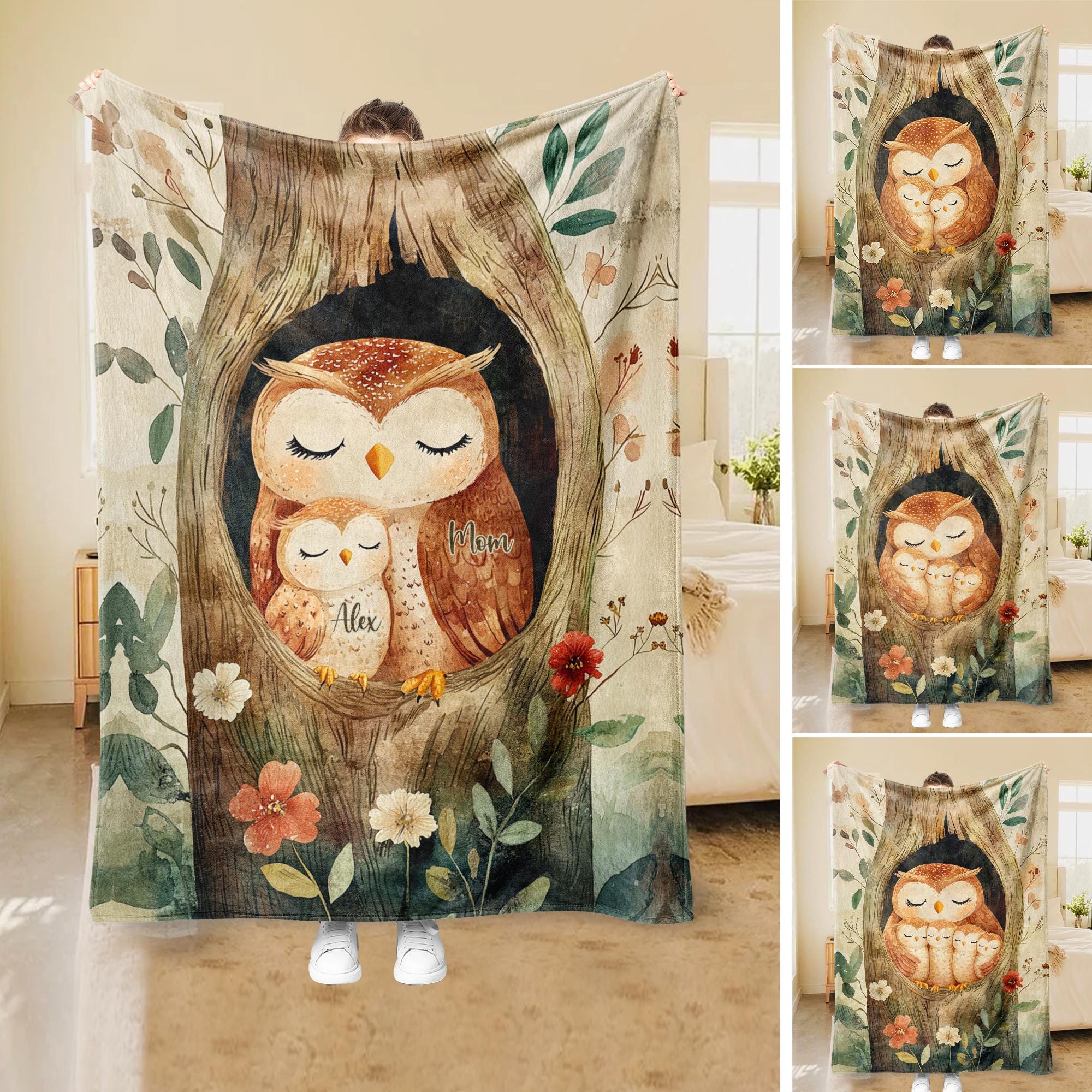 Personalized Mama Blanket, Custom Name Floral Mama Owl Soft Cozy Sherpa Fleece Throw Blankets, Mothe