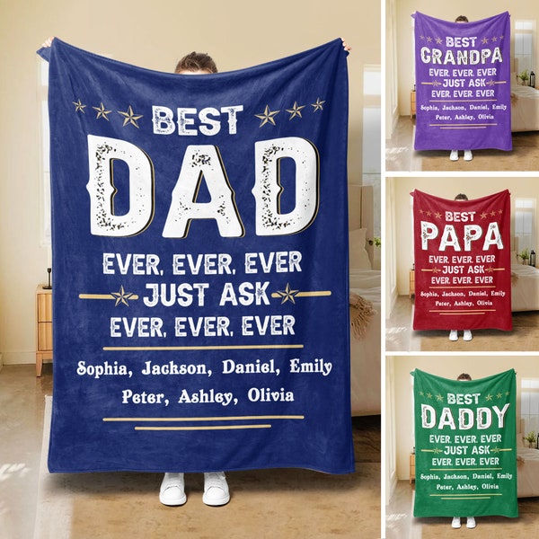 Personalized Dad Blanket, Best Dad Ever Blanket, Custom Kids Names Soft Cozy Sherpa Fleece Throw Blanket, Father's Day Gift for Dad, Grandpa