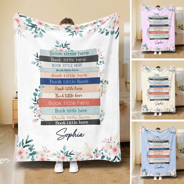 Personalized Book Blanket, Custom Favorite Books Soft Cozy Sherpa Fleece Throw Blankets, Gift for Book Lover, Bookworm, Nerd, Librarian