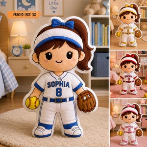 May include: A plush baseball player doll with the name "SOPHIA" and the number "8" on the jersey. The doll is wearing a white uniform with blue accents, a baseball glove, and holding a yellow baseball. The text "PRINTED (NOT 3D)" is visible.