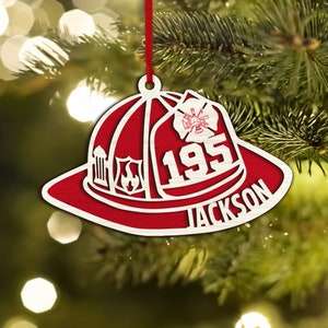 Personalized Firefighter Helmet Layered Wood Ornament, Custom Fireman Christmas Tree Ornament, Firefighter Christmas Home Decor, Xmas Gift