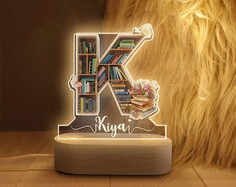 Personalized Book Night Light, Custom Name Bookshelf Alphabet Letter Acrylic Night Light, Gift for Book Lover, Reading Lover, Bookworm, Nerd