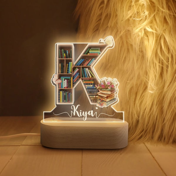 Personalized Book Night Light, Custom Name Bookshelf Alphabet Letter Acrylic Night Light, Gift for Book Lover, Reading Lover, Bookworm, Nerd