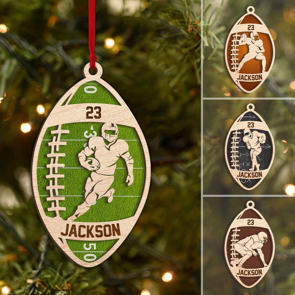 Personalized Football American Layered Wood Ornament, Custom Football Player Christmas Tree Ornament, Football Christmas Home Decor