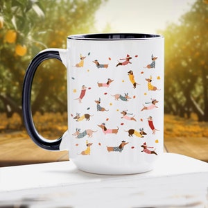 Dachshund Mug, Dachshund Autumn Mugs, Doxie Dog Coffee Mug, Fall Coffee Cup, Autumn Gift, Fall Gift for Dog Lover, Dog Mom, Dog Dad