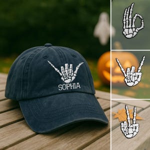 Personalized Halloween Skeleton Embroidered Cap, Skeleton Hand Embroidered Hat, Custom Name Cap, Skeleton Rock On Hand, Spooky Season Gift