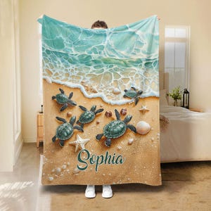 Cobertor personalizado de tartaruga marinha, cobertor oceânico, cobertor de lã sherpa macio e aconchegante com nome personalizado, presente para amantes de tartarugas, amantes da praia