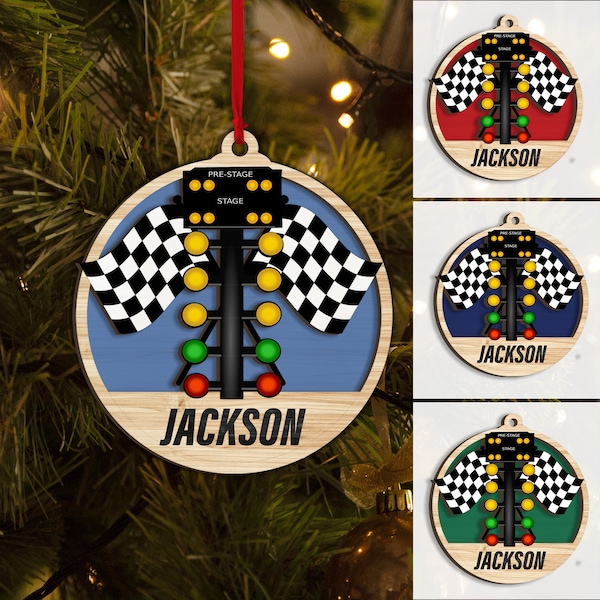 Personalized Drag Racing Layered Wood Ornament, Custom Checkered Flag Christmas Tree Ornament, Racing Christmas Home Decor, Xmas Sport Gift