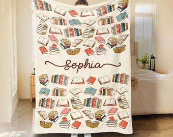 Cobertor de livro personalizado, cobertor de livros vintage, cobertor de lã sherpa macio e aconchegante com nome personalizado, presente para amante de leitura, leitor ávido, nerd