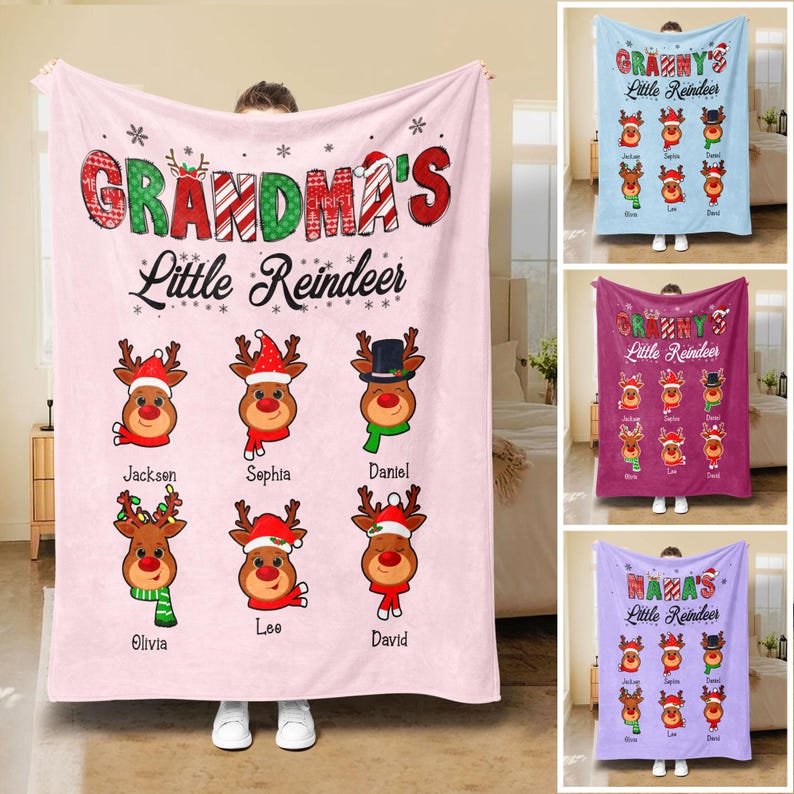 Personalized Christmas Blanket, Grandma Little Reindeer Blanket, Custom