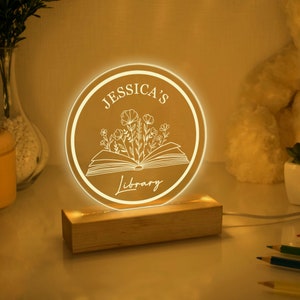 Personalized Book Night Light, Custom Name Library Acrylic Night Light, Bookish Room Decor, Librarian Gift, Book Lover Gift for Her