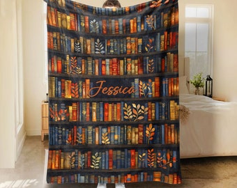 Personalized Book Blanket, Bookshelf Blanket, Custom Name Soft Cozy Sherpa Fleece Throw Blankets, Gift For Reading Lover, Bookworm, Nerd