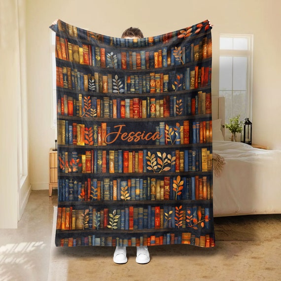 Personalized Book Blanket, Bookshelf Blanket, Custom Name Soft Cozy Sherpa Fleece Throw Blankets, Gift For Reading Lover, Bookworm, Nerd