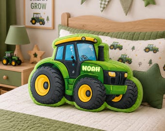 Personalized Tractor Pillow, Custom Name Farm Tractor Cushion, Green Tractor Pillow, Toddler Farm Nursery Decor, Gift for Kids, Boys, Son