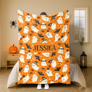 Personalized Ghost Blanket, Halloween Ghost Blanket, Custom Name Soft Cozy Sherpa Fleece Throw Blanket, Halloween Gifts