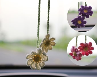 Daisy Handmade Crochet Car Ornament, Cute Daisy Flower Knitted Rear View Mirror Accessories, Crochet Hanging Charm Gift for Mom, Sister, Her