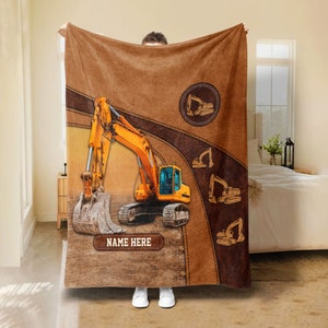 Personalized Excavator Blanket, Bulldozer Blanket, Custom Name Soft Cozy Sherpa Fleece Throw Blankets, Gift for Grandpa, Dad, Husband, Son