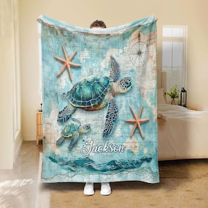 Cobertor personalizado de tartaruga marinha, cobertor oceânico, cobertor de lã sherpa macio e aconchegante com nome personalizado, presente para amantes de tartarugas, amantes da praia