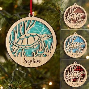 Personalized Turtle Layered Wood Ornament, Custom Turtle Christmas Tree Ornament, Ocean Christmas Home Decor, Xmas Gift for Turtle Lovers