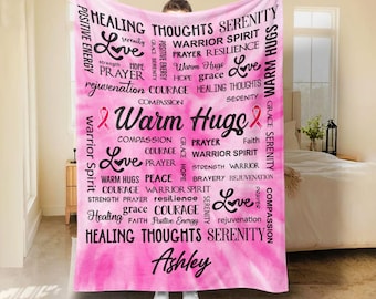Personalized Breast Cancer Blanket, Custom Name Soft Cozy Sherpa Fleece Throw Blankets, Cancer Support, Cancer Survivor Gift for Mom, Her