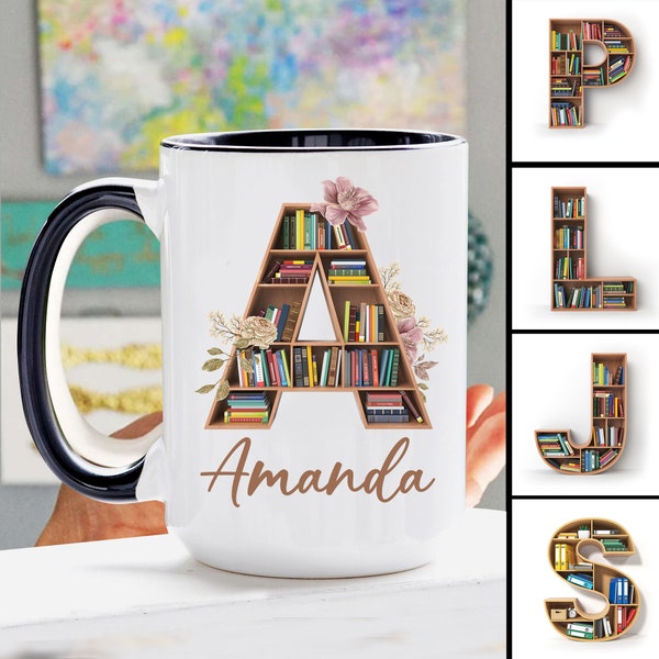 Personalized Book Mug, Bookshelf Alphabet Letters Coffee Mug, Custom Name Coffee Cup, Gift for Book Lover, Reading Lover, Bookworm, Nerd