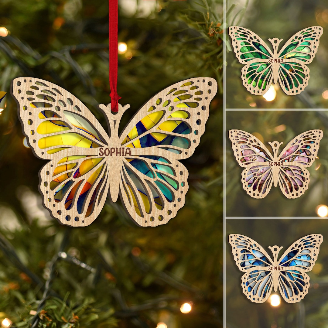 Personalized Butterfly Layered Wood Ornament, Custom Butterfly Christmas Tree Ornament