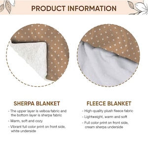 May include: Two close-up images of blankets showing the different fabric options. The first image shows a sherpa blanket with a brown and white pattern on the top layer and a white sherpa layer underneath. The second image shows a fleece blanket with a brown and white pattern on the top layer and a cream sherpa layer underneath. The text "Sherpa Blanket" and "Fleece Blanket" are displayed below each image with a list of features for each blanket.