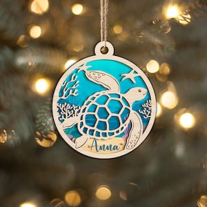 Personalized Turtle Layered Wood Ornament, Custom Turtle Christmas Tree Ornament, Ocean Christmas Home Decor, Xmas Gift for Turtle Lovers