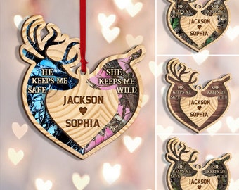 Personalized Buck and Doe Layered Wood Ornament, Custom Couple Valentine Ornament, Deer Couple Valentine Decor, Valentine Day Gift for Her