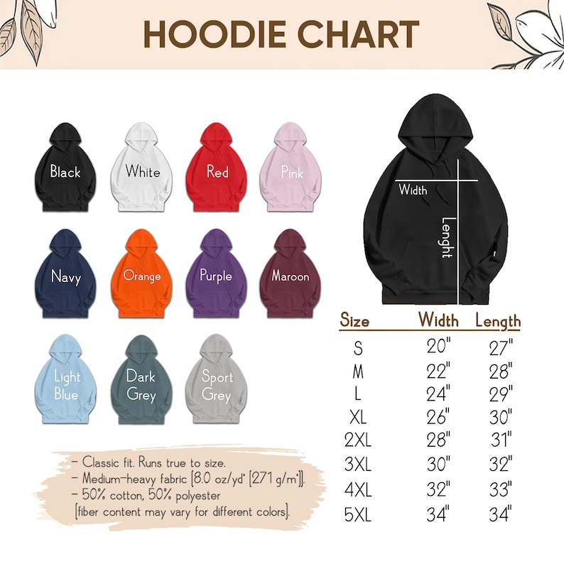 May include: Hoodie size chart with measurements in inches. The chart shows the width and length of hoodies in sizes S through 5XL. The chart also includes a color chart with 10 different hoodie colors.