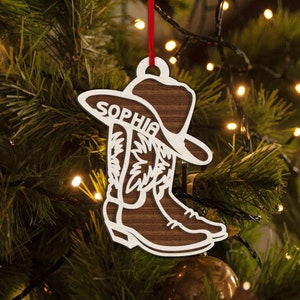 Personalized Cowboy Boot and Hat Layered Wood Ornament, Custom Cowboy Christmas Tree Ornament, Western Christmas Home Decor, Christmas Gift