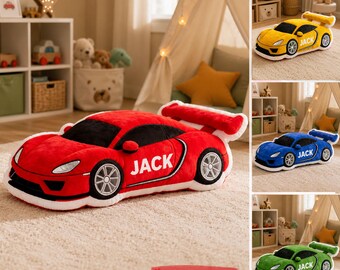 Personalized Car Pillow, Custom Name Race Car Pillow, Sports Car Cushion, Car Lover Gift for Boys, Toddler Boy Gift, Kids Birthday Gifts