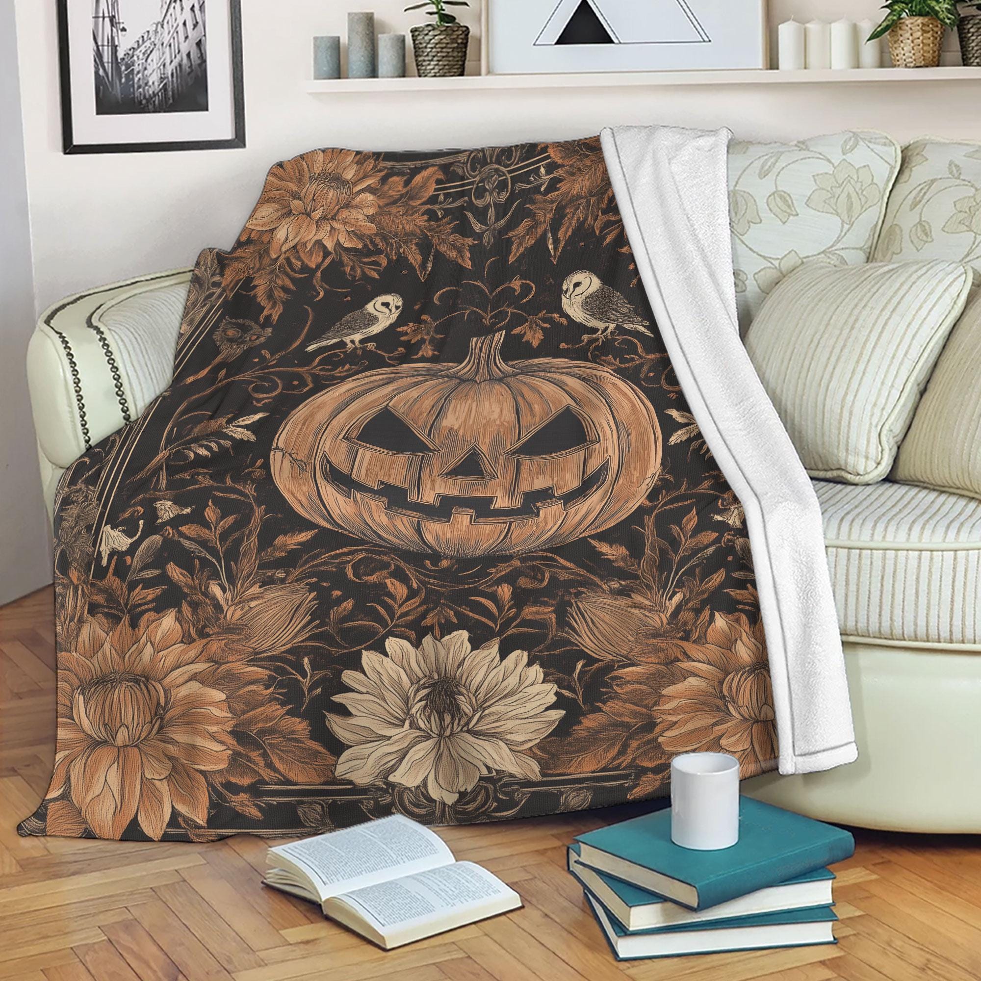Halloween Pumpkin Blanket,Owls & Sunflowers, Gothic Fall Blanket, Custom Name Soft Cozy Sherpa F