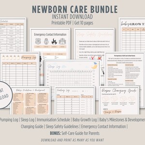 Druckbares Baby Care Bundle, Baby Tracker zum Füttern, Windeln, Schlafen, Wachstumstracker, Notfallkontakte, Sofortiger Download