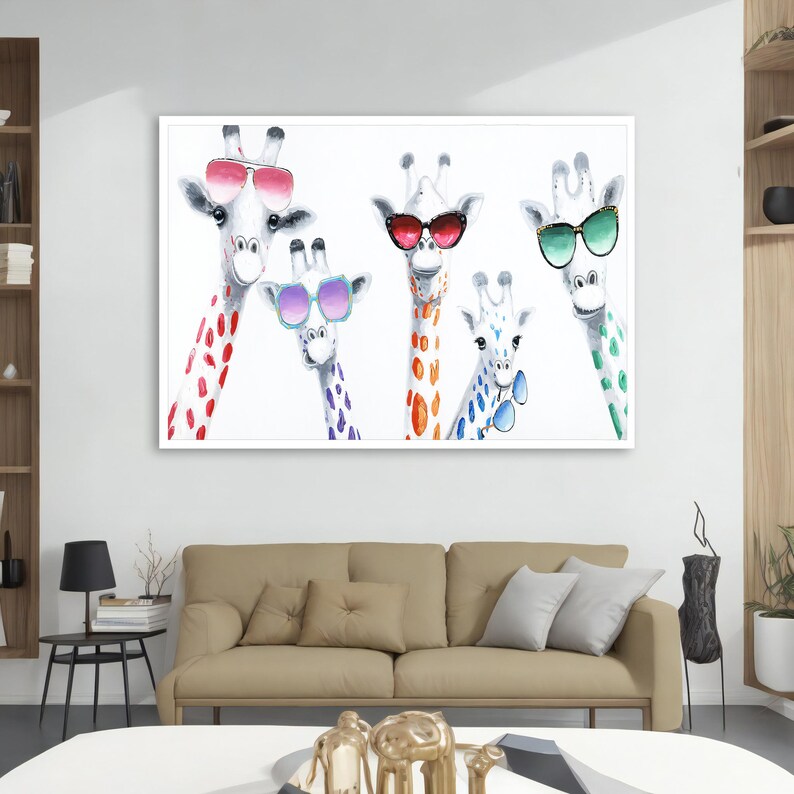 Colorful Giraffes With Glasses Canvas Painting, Giraffe Wall Decor, Giraffe Poster, Animal Wall