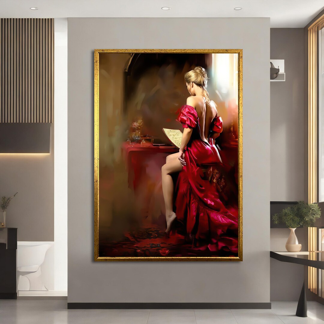 Beautiful Woman in Red Dress Canvas Art, Woman in Red Dress Painting