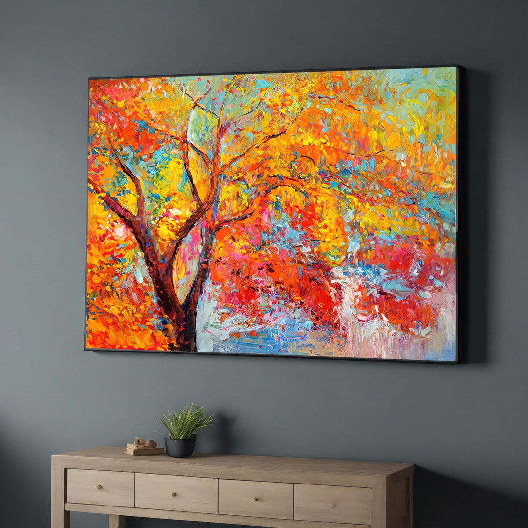 Trees With Colorful Leaves Canvas Painting, Colorful Leafy Flowers Wall