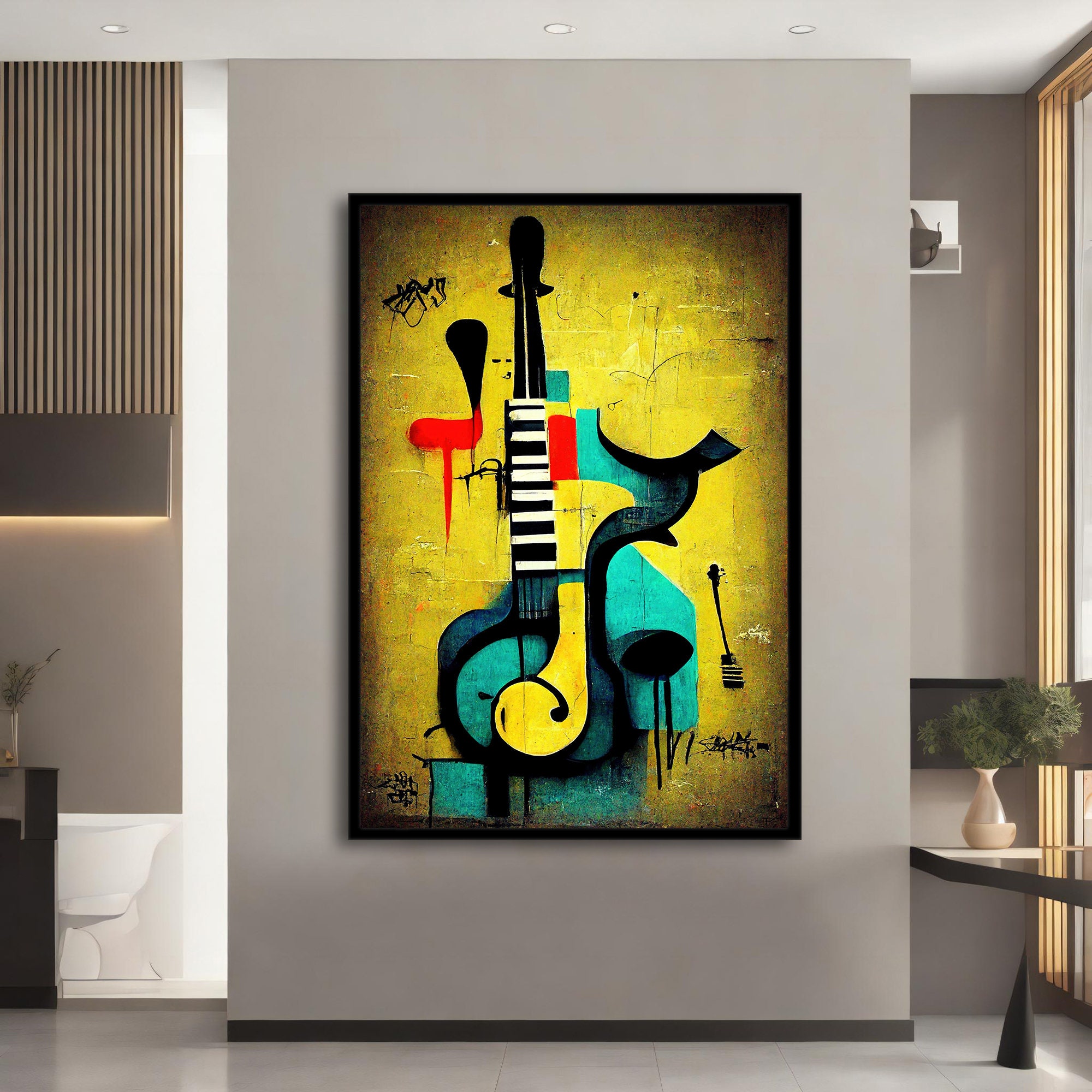 Yellow Abstract Instruments Canvas Wall Art, Abstract Instruments Wall