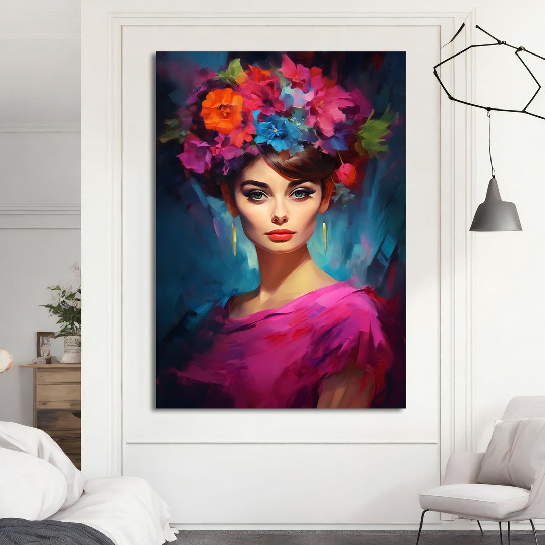 Woman With Colorful Flower Head Canvas Art Beutiful Woman Etsy
