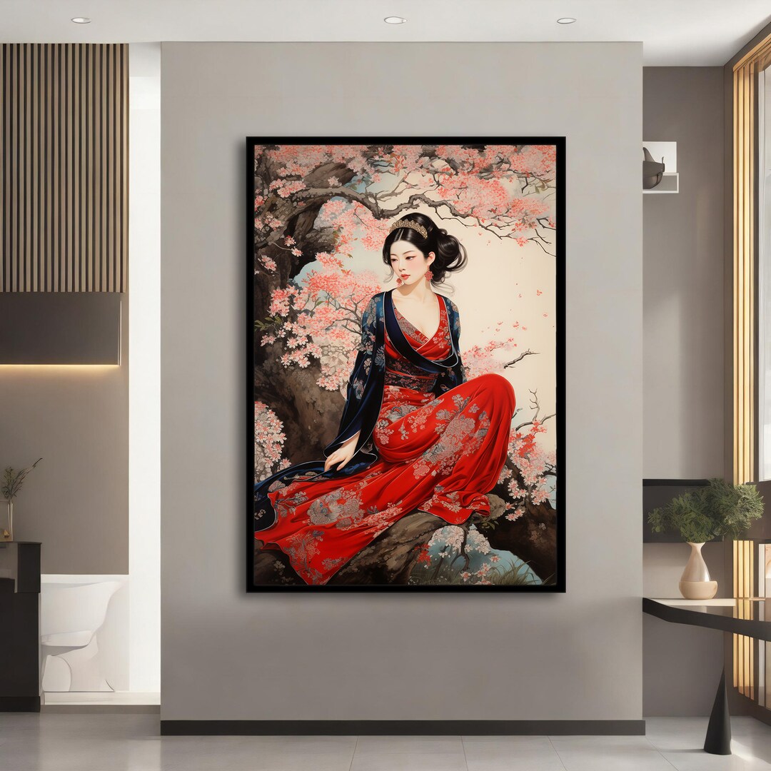 Japanese Girl in Red Dress Canvas Painting, Japanese Woman in Red Dress