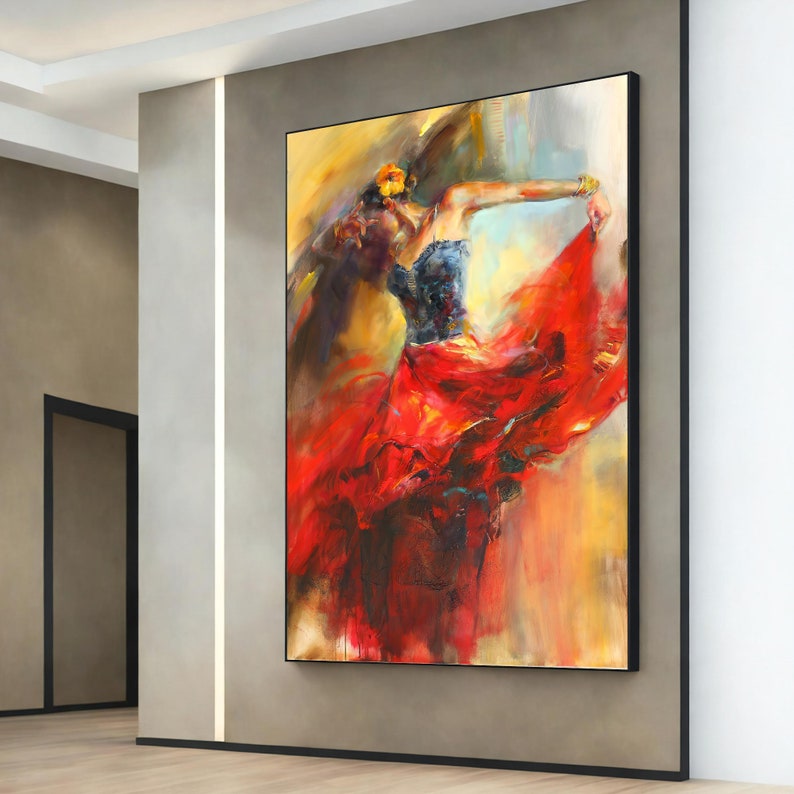 Dancing Woman in Blue and Red Dress Canvas, Oil Painting Wall Art