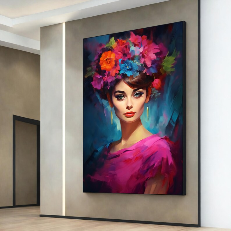 Woman With Colorful Flower Head Canvas Art Beutiful Woman Etsy