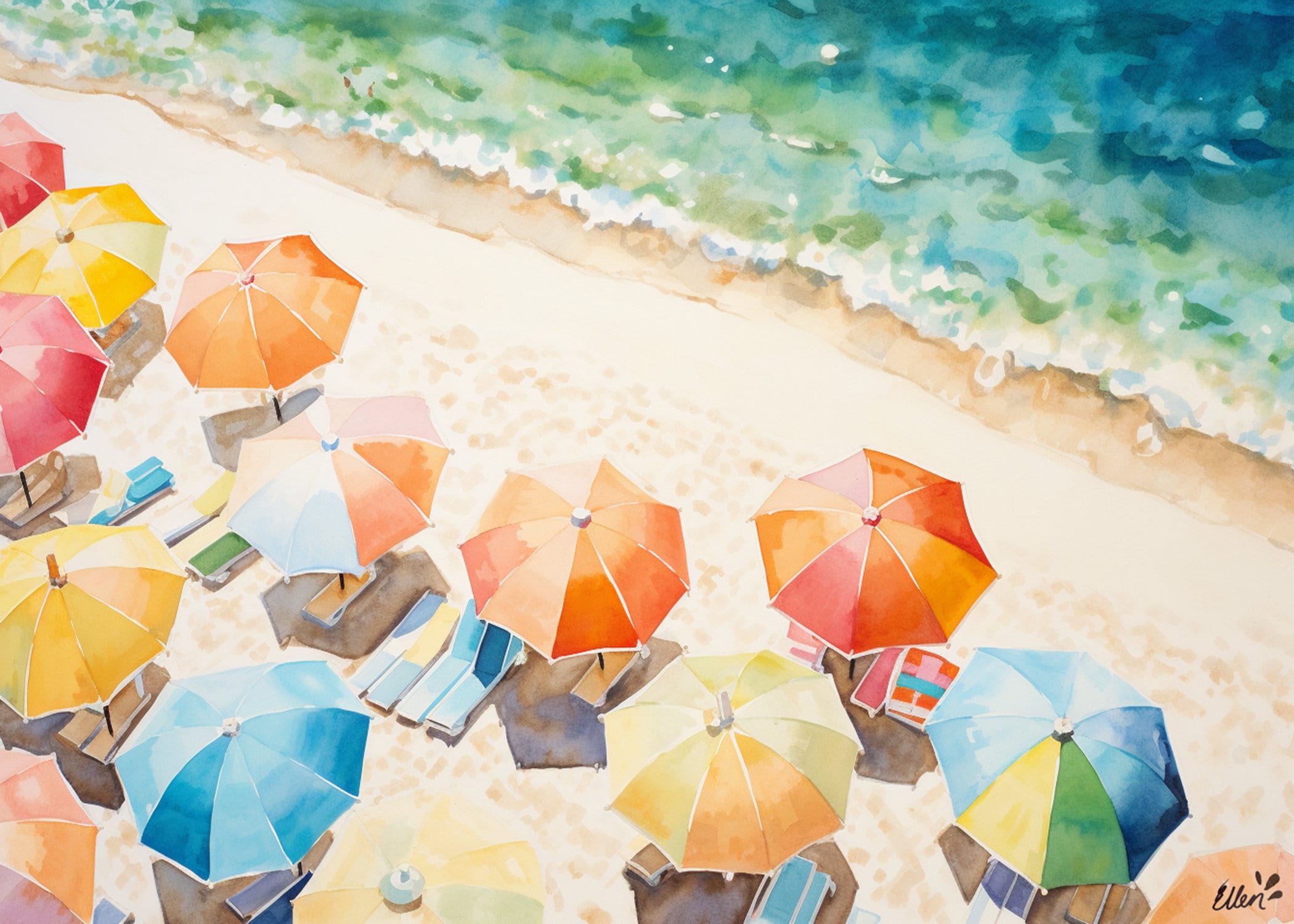 Printable Umbrellas at the Beach Watercolor Art, Surf Print, Umbrella ...