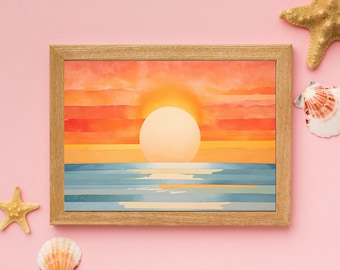 Stampa artistica astratta ad acquerello con alba sull'oceano, stampa dell'oceano, acquerello della spiaggia, stampa ad acquerello, arte stampabile, arte della spiaggia, arte costiera