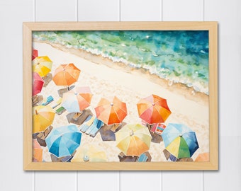 Beach Umbrellas Watercolor Art Print, Coastal Decor (Digital Download)
