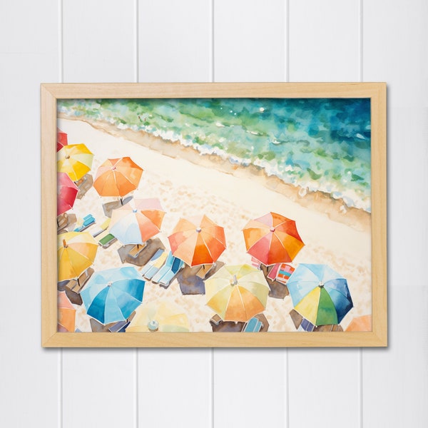 Printable Umbrellas at the Beach Watercolor Art, Surf Print, Umbrella Print, Beach Watercolor, Watercolor Print, Printable Art, Beach Art