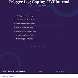 May include: A digital PDF journal titled "Anxiety Diary Printable PDF | Daily Trigger Log Coping CBT Journal" with a dark purple background. The journal includes sections for daily triggers, emotion scales, coping strategies, and weekly reviews.